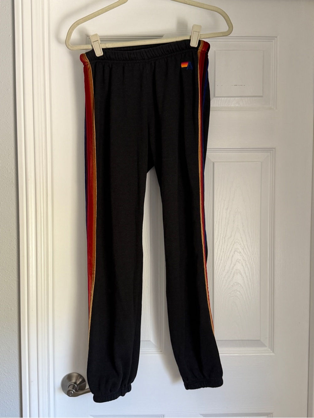 Aviator Nation joggers- grey with rainbow velour piping. Size L